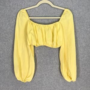 Kourt Crop Top Women Medium Yellow Twee Resort Rodeo Puff Balloon Blouse Coastal